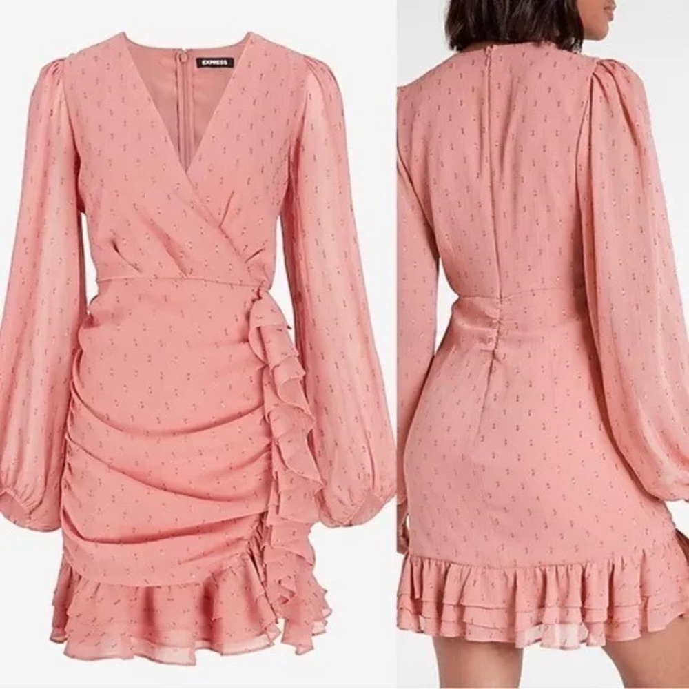 Express Pink Metallic Faux Wrap Ruffle Detail Mini Dress.